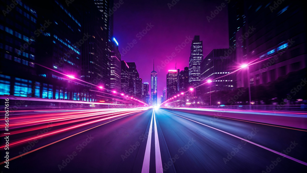 Obraz premium Vibrant city street at night with streaking lights