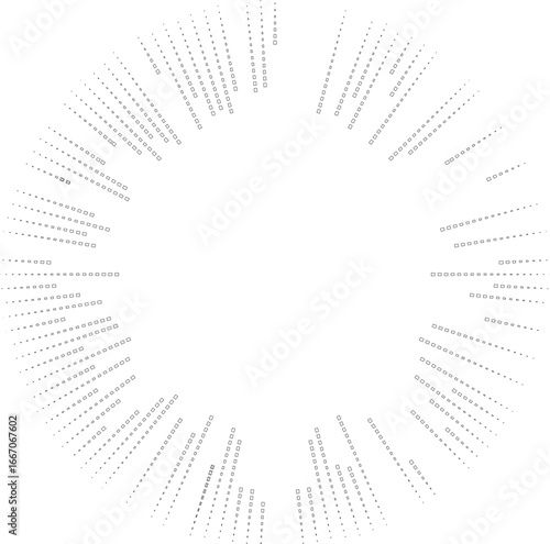 Circular outline with squared irregular rays on both ends surrounding a medium central space with tapering lines.