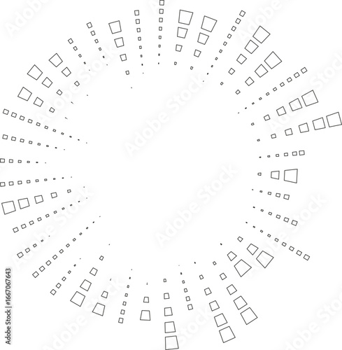 Circle outline design with squared irregular rays radiating half inside and half outside around a medium empty center.