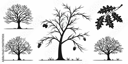 Collection of Stylized Black and White Trees and Oak Leaves