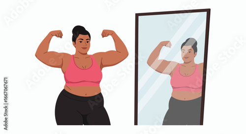 Woman in pink sports bra and black leggings flexing arms smiling with her reflection in a mirror