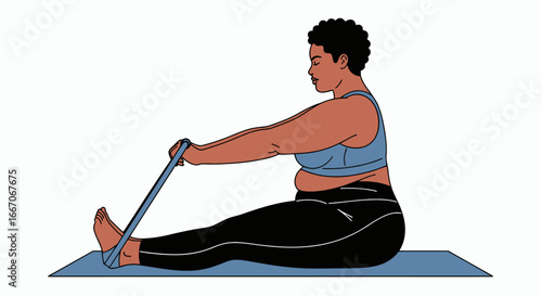 Woman on yoga mat stretches legs with resistance band sitting in profile