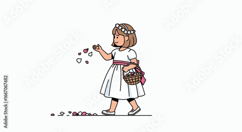 Young flower girl walks scattering pink petals from a woven basket wearing a white dress and floral crown