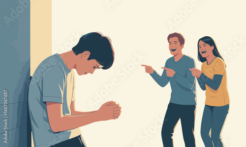 A boy leans against a wall visibly upset while two people laugh and point at him