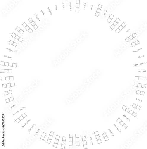 Circle outline showing squared irregular rays beginning inside and tapering toward a large central space.