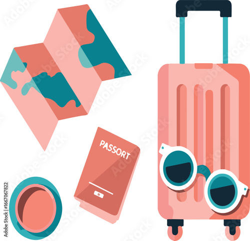 Abstract Travel Bags with Passport and Sunglasses in Minimalist Pastel Flat Lay