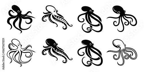 Collection of Stylized Black Octopus Silhouettes
