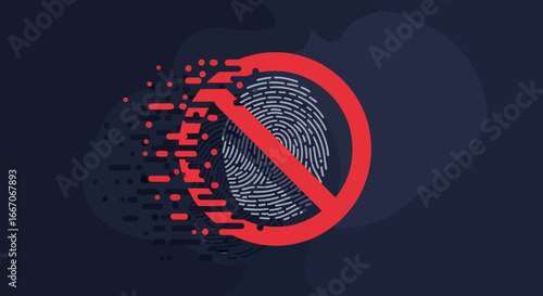 A fingerprint graphic is bisected by a red no symbol with a stylized pixelation effect on the left