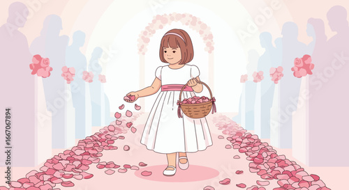 A flower girl walks down the aisle scattering rose petals at a wedding ceremony