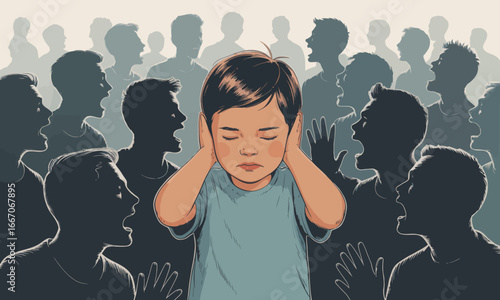 A child covers ears amidst dark shouting silhouettes
