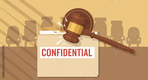 A gavel smashes down on a file marked CONFIDENTIAL in a courtroom setting with silhouetted chairs