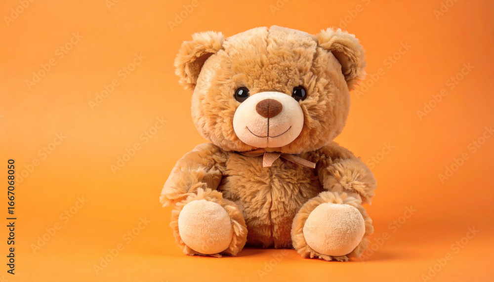 Fototapeta premium Cute Brown Teddy Bear Plush Toy on Orange Background, Adorable Soft Stuffed Animal, High-Resolution Toy Photography for Kids, Gifts, and Creative Projects