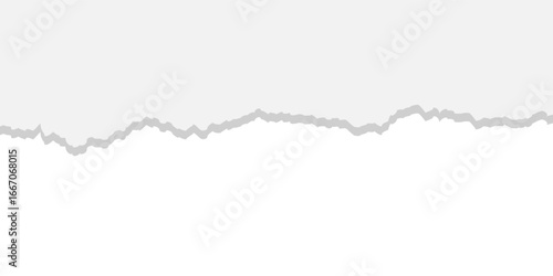 Torn Paper. Edge. Realistic. A minimalist vector illustration of a single ripped white paper edge with a soft shadow, isolated on a white background for use as a divider or border.