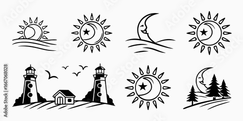Collection of Stylized Celestial and Coastal Icons