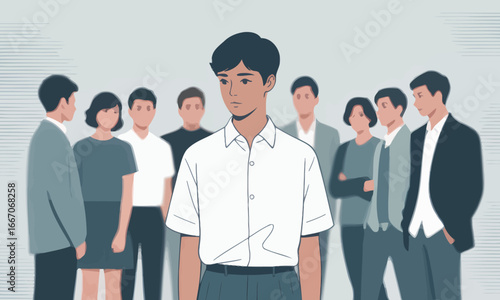 A young man stands out from a group wearing a white shirt and looking slightly downcast
