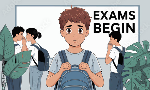 A worried student faces the viewer with a backdrop of whispering students and an EXAMS BEGIN sign