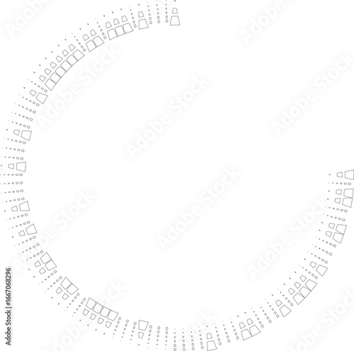 Circular outline design with squared short rays arranged irregularly, one quarter missing, leaving central space.