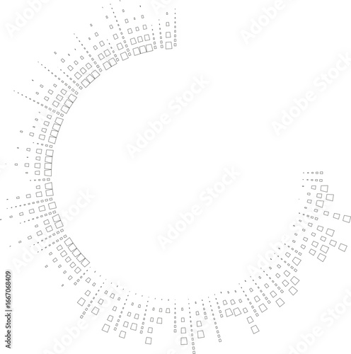 Circle outline design showing squared irregular rays with one quarter omitted from the structure.