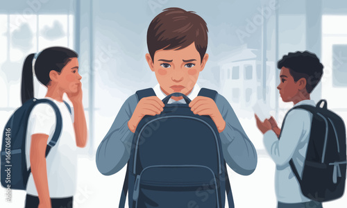 Boy with backpack flanked by two students in a school setting appears anxious