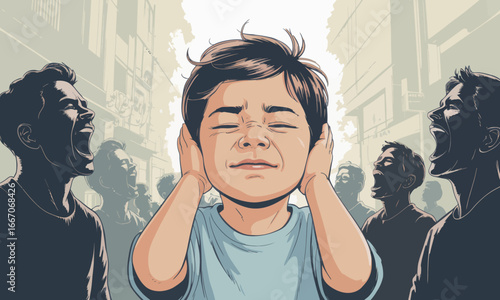 Boy with hands over ears surrounded by shouting figures in a city setting creating an intense noisy anxious atmosphere