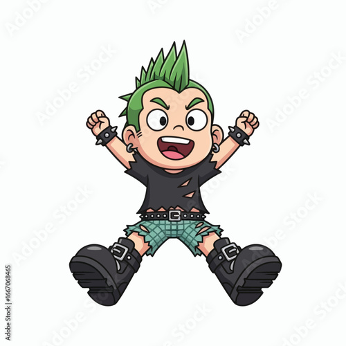 Cartoon punk with green hair torn clothes and spiked wristbands cheers with arms raised