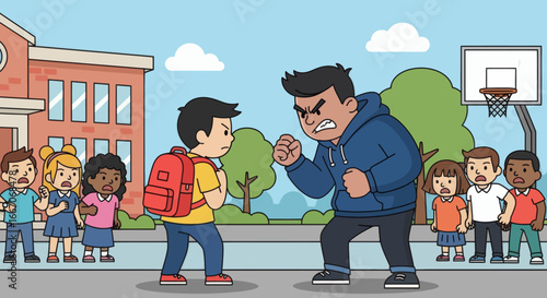 Cartoon scene Bully confronts student with onlookers at school yard by building basketball court trees clouds