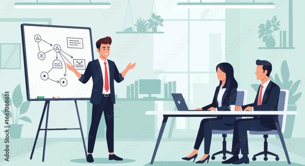 Man presenting diagram to two seated colleagues in an office Man presenting diagram to two seated colleagues in an office
