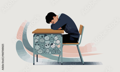 Depressed student slumped over desk covered in sad faces seated in chair