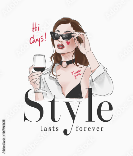 style lasts forever slogan with hand drawn fashionable girl vector illustration