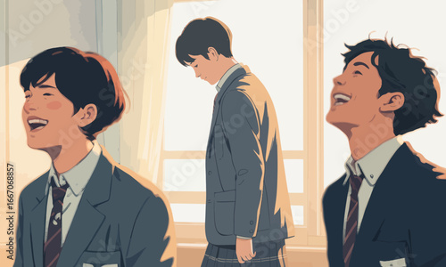 Three schoolboys in uniform two laughing one looking down next to a window