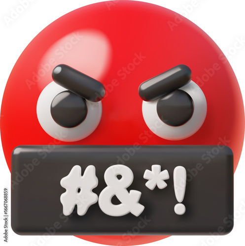 Angry emoji emoticon vector 3D design, threatening evil red round face with scary eyes and closed mouth by bad symbols