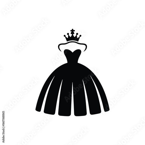An elegant black silhouette of a princess ball gown with a royal crown, a perfect logo for a bridal or fashion boutique vector illustration