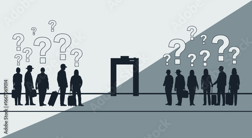 Two groups of silhouetted people with question marks above their heads stand on either side of a security checkpoint