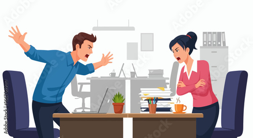 Two people in office seemingly arguing both shouting with angry expressions