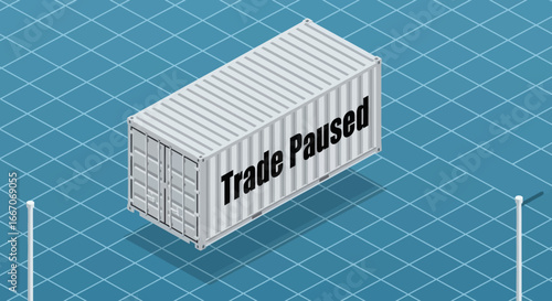 White shipping container with Trade Paused text on a blue diamondpatterned surface