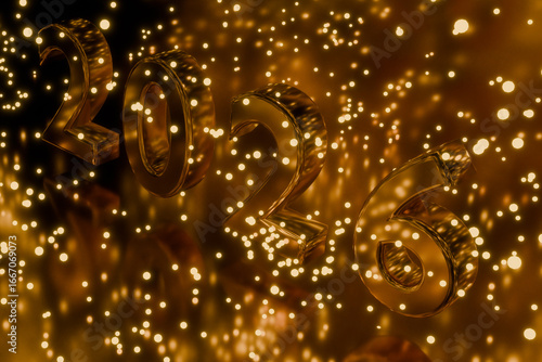 Render 3d golden 2026 number with sparkling bokeh lights between fireworks