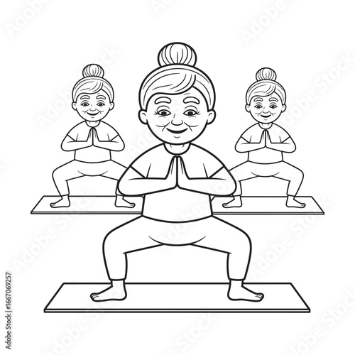 A beautiful coloring book page of a female yoga instructor teaching a class with students in a goddess pose vector illustration