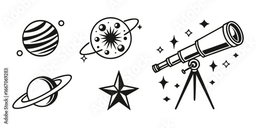 Cosmic Exploration Icons: Planets, Stars, and Telescope
