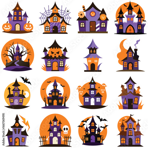 A variety of cute and spooky Halloween haunted houses collection graphic illustration