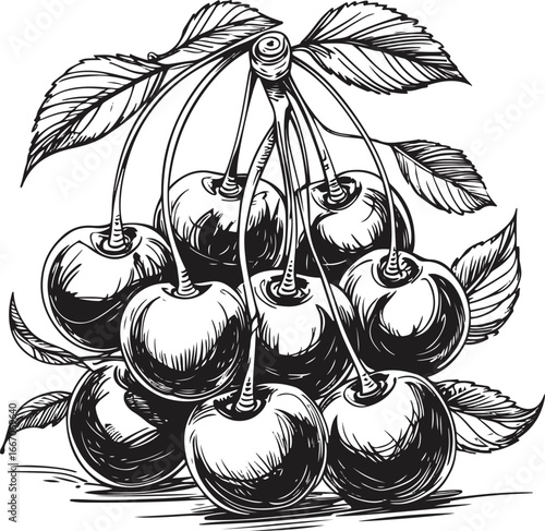 Cluster of cherries line art, bold ink strokes, stems and leaves, decorative doodle style, clean black and white vector.