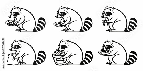 Cute cartoon raccoon collecting and eating food