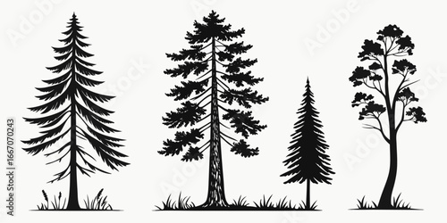 Diverse Black Silhouette Trees Against White Background