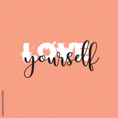 Love yourself handwritten black text isolated on pink background vector.