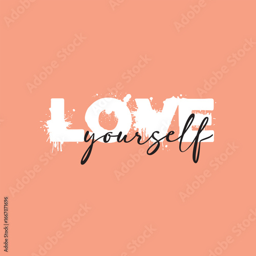 Love yourself handwritten black text isolated on pink background vector.