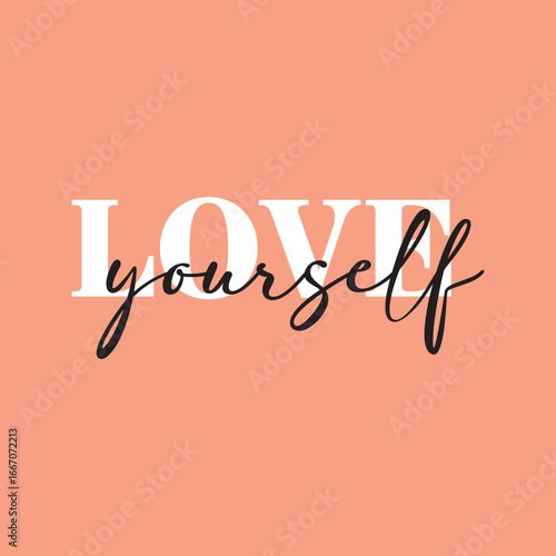 Love yourself handwritten black text isolated on pink background vector.