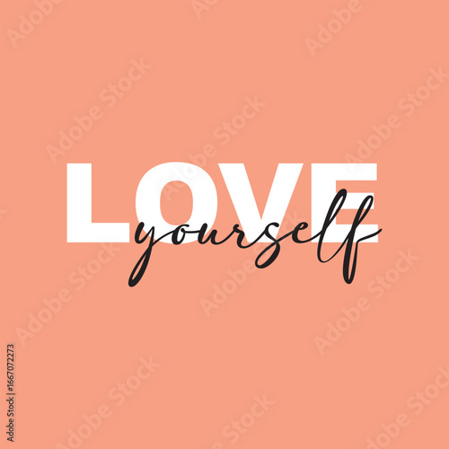 Love yourself handwritten black text isolated on pink background vector.