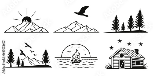 Mountain Landscape Icons and Camping Scenes