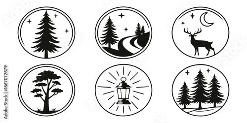 Nature Scene Icons Collection: Trees, Deer, and Lantern