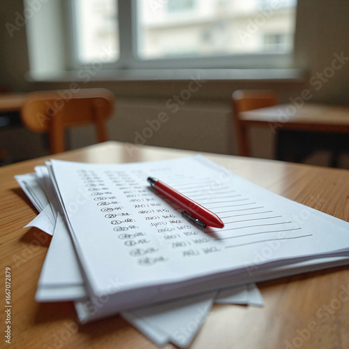 Academic exam papers with red pen in a close-up representing education and testing