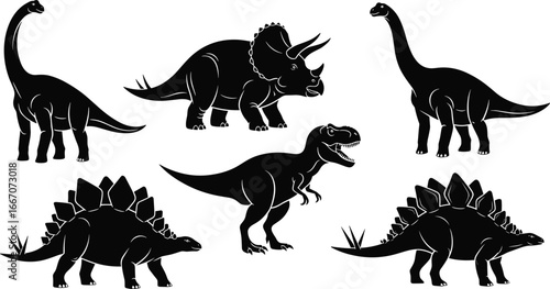 Silhouette Vector of Dinosaurs Including Stegosaurus, Triceratops, Brachiosaurus, and T-Rex for Prehistoric Animal, Fossil, and Extinct Species Concepts